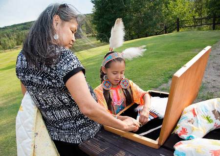 Heather's mother, Carol allows Lanaiya to practice her Blackfeet dance with special Golden Eagle feathers.
East Glacier, Blackfeet Reservation