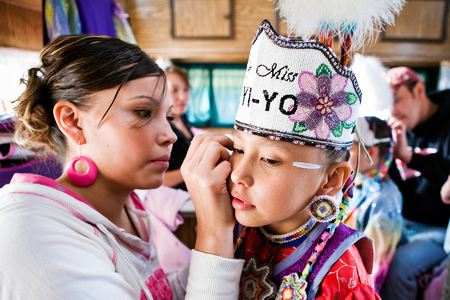 Mother Tiffany Polk prepares her daughter, Danaya Vandeburg for the Tiny Tot Competition
North American Indian Days
Browning, Montana
Blackfeet Reservation